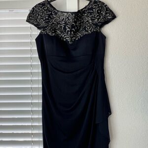 Elegant Navy Blue Dress with Silver Embroidery